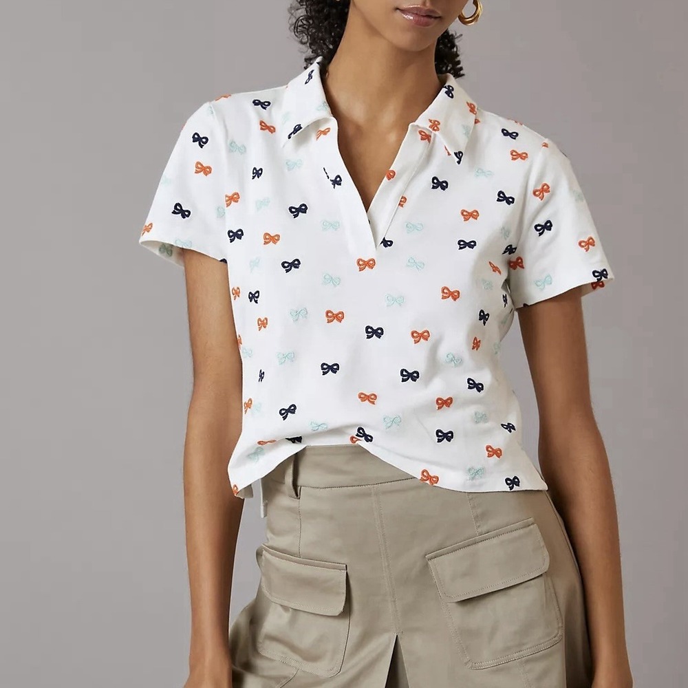 Maeve Anthropologie Women's XS Embroidered Bow Polo Shirt Girlhoodcore Preppy